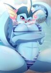  absurd_res anthro big_breasts blue_body breasts clothing eeveelution english_text female generation_1_pokemon hi_res looking_at_viewer nintendo open_mouth pilu_(artist) pokemon pokemon_(species) pokemorph red_eyes solo swimwear text thick_thighs vaporeon 