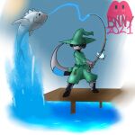  1:1 2021 absurd_res anthro black_clothing blue_clothing clothing fish fishing fishing_line fishing_rod green_clothing grey_body hi_res kobold marine signature solo succubusbnny warforged water 