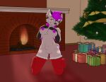  absurd_res anthro breasts christmas christmas_present christmas_tree clothing exposed_breasts female fireplace fur genitals gift grey_body grey_fur hair hi_res holiday_clothing holidays hyena legwear legwear_only mammal mostly_nude nemihyena nipples nude plant purple_hair purple_nipples pussy solo spotted_hyena stockings stockings_only striped_hyena tree zenia_wolf 