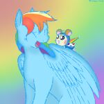  1:1 antennae_(anatomy) anthro blue_body blue_feathers blue_fur blue_line_art blush clothing coat cricetid dotted_outline duo equid equine feathered_wings feathers female friendship_is_magic fur hair hamster hasbro horse lunarpanda8686 male mammal multicolored_hair my_little_pony open_mouth orange_body orange_fur pegasus pink_eyes pony prince_bo_(hamtaro) rainbow_background rainbow_dash_(mlp) rainbow_hair raincoat rodent simple_background topwear umbrella whiskers white_body white_fur wings 