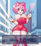  2022 accessory alternate_species amy_rose animal_humanoid big_breasts breasts city city_background cleavage cleavage_overflow clothed clothing dress english_text eulipotyphlan eulipotyphlan_humanoid female gloves hair handwear headband hedgehog_humanoid huge_breasts humanoid humanoidized legwear looking_at_viewer mammal mammal_humanoid nipple_outline nipples open_mouth outside pink_hair red_clothing red_dress red_headband red_legwear red_thigh_highs ring sega solo sonic_the_hedgehog_(series) standing supersatanson teal_eyes text thigh_highs tight_clothing white_clothing white_gloves white_handwear 