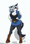  absurd_res android_18 anthro belt big_breasts blush bottomwear breasts canid canid_demon clothing crossover demon dragon_ball dragon_ball_super dragon_ball_z female hair hellhound helluva_boss hi_res long_hair loona_(helluva_boss) mammal pace-maker red_eyes skirt small_waist solo thick_thighs wide_hips 