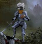  anthro arrow_(weapon) battlefield black_body bovid brown_eyes caprine castle crown curled_hair detailed_background female gronnulv hair hooves knight knight_armor mammal medieval medieval_armor melee_weapon orange_eyes orange_scarf plant ranged_weapon scarf sheep short_hair shrub solo standing sword tree unguligrade_legs warrior weapon white_hair 