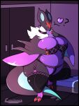  &lt;3 2022 3:4 anthro bedroom belly big_breasts black_border border breasts camuushamuu claws collar dragon female generation_6_pokemon hi_res looking_at_viewer nintendo noivern overweight overweight_anthro overweight_female pokemon pokemon_(species) purple_body question_mark solo thick_thighs wide_hips wings wyvern yellow_eyes 
