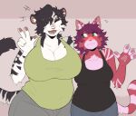  2022 anthro belly big_breasts blush breast_envy breast_size_difference breasts cleavage clothed clothing curvy_figure duo embarrassed ember_(cat) eyes_closed felid feline female female/female hi_res huge_breasts larger_female mammal open_mouth overweight overweight_female pantherine shirt size_difference smaller_female smile strayserval tank_top thick_thighs tiger topwear voluptuous wide_hips yiri_(milkand) 