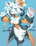  2022 4_fingers anthro blush breasts claws cleavage clothed clothing cute_fangs digital_media_(artwork) felid female female_anthro finger_claws fingers fur hair hi_res kemono looking_at_viewer mammal multicolored_body multicolored_fur pantherine pawpads rikose solo tiger 