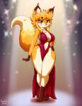  2022 3_toes 4_fingers ahoge anthro azerkit barefoot big_breasts breasts brown_nose canid canine classy cleavage clothed clothing curvy_figure digital_drawing_(artwork) digital_media_(artwork) dress feet female fingers fluffy fluffy_tail fox full-length_portrait fur hair hand_on_hip hi_res hourglass_figure jasmin_(jasminthemanticore) lidded_eyes looking_at_viewer mammal multicolored_body multicolored_fur navel orange_body orange_fur orange_hair portrait red_clothing red_dress sassy signature solo spotlight thick_thighs toes wide_hips 