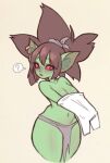  big_breasts bottomwear breasts brown_hair clothing digital_media_(artwork) ear_piercing ear_ring female goblin goobie_(da3rd) green_body green_skin hair humanoid humanoid_pointy_ears loincloth looking_at_viewer mammal navel not_furry notched_ear peachkuns piercing pupils red_sclera ring_piercing shirt short_stack simple_background slit_pupils solo speech_bubble topwear undressing white_clothing white_shirt white_topwear 