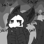  1:1 4_fingers anthro black_body black_fur black_inner_ear black_sclera bodily_fluids canid canine canis changed_(video_game) fingers fur gesture goo_creature grey_background head_tuft hi_res male mammal mask puro_(changed) puroxxd sad simple_background smile solo tears teary_eyes thumbs_up tuft white_eyes wolf 