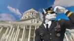 16:9 absurd_res anthro archermagnum blue_eyes blue_hair canid canine canis capitol capitol_hill clothing gloves hair handwear hi_res male mammal necktie police_officer solo thunderrangers uniform us_flag washington_dc widescreen wolf yellow_eyes 