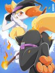  2022 3:4 absurd_res anthro anus big_breasts blue_sky blush braixen breasts butt butt_pose cheek_tuft clothing cloud day detailed_background embarrassed embers eyewear facial_tuft feet female fire foot_focus generation_6_pokemon genitals glasses hat hat_only headgear headgear_only headwear headwear_only hi_res holding_object holding_stick holster light_(codeco) looking_at_viewer looking_back looking_down low-angle_view magic_user mostly_nude nikkibunn nintendo nipples nude orange_anus orange_nipples orange_nose orange_pawpads outline outside pawpads plant plantigrade pokemon pokemon_(species) pose potion pussy raised_arm raised_foot side_boob sky solo stick thick_thighs thigh_strap tree tuft vial white_outline witch witch_hat worm&#039;s-eye_view 