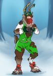  anthro antlers binturongboy blue_eyes capreoline clothed clothing cloven_hooves deer exercise_clothing fingers fully_clothed glowing glowing_nose hi_res hooved_fingers hooves horn human_to_anthro male mammal outside plant red_nose reindeer rudolph_the_red-nosed_reindeer smile snow solo species_transformation standing torn_clothing torn_shoes transformation tree winter 