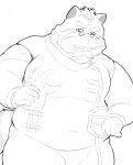  2022 anthro belly big_belly disembodied_hand duo eyewear glasses gumpang0 hi_res humanoid_hands kemono lifewonders live_a_hero male mammal monochrome moob_grab overweight overweight_male procyonid raccoon solo_focus viscunam 