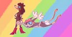  anthro bird_dog blue_eyes boots boots_only brown_body brown_hair butt butt_grab canid canine canis clothing colored colorful cute_eyes deblaria digital_drawing_(artwork) digital_media_(artwork) domestic_dog duo female floppy_ears fluffy fluffy_ears footwear footwear_only gradient_background hair hand_on_butt hi_res high_heeled_boots high_heels humor hunting_dog hybrid lgbt_pride looking_up male male/female mammal markings mondi mostly_nude pride_colors simple_background smile spaniel standing striped_body stripes surprised_face toony wings 
