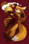  2:3 anthro asian_clothing black_paws blonde_hair canid canine chinese_clothing chinese_dress clothing dress east_asian_clothing female fox fur fuzisawa hair hi_res holding_object kemono long_hair mammal red_eyes solo steam yellow_body yellow_fur 