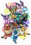 2022 absurd_res eevee eeveelution espeon female feral flareon fur generation_1_pokemon generation_2_pokemon generation_4_pokemon generation_6_pokemon glaceon group hi_res jolteon leafeon looking_at_viewer lupiarts male multicolored_body multicolored_fur nintendo open_mouth pawpads paws pokeball pokemon pokemon_(species) signature simple_background smile sylveon traditional_media_(artwork) umbreon vaporeon 