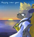  anthro aoi_(pixiv) blonde_hair clothing coat eyewear first_person_view fur glasses hair hyena lab_coat lifewonders live_a_hero male mammal reaching_towards_viewer roiker sea solo spots spotted_body spotted_fur sunrise topwear water 