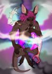  2018 abs abstract_background anthro black_claws black_nose brown_body brown_eyes brown_fur cigarette claws clothed clothing dark_eyes dated dreadlocks elbow_tuft finger_claws front_view full-length_portrait fur hair hi_res kangaroo macropod male mammal marsupial mouth_closed muscular muscular_anthro muscular_male nipples pecs pink_hair portrait riorix signature smoking solo toe_claws topless 