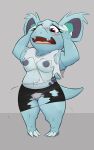  2022 anthro anthrofied blue_body blush bottomwear breasts claws clothed clothing erect_nipples female front_view full-length_portrait generation_1_pokemon genitals hand_on_head hi_res honeymono nidorina nintendo nipples open_mouth partially_clothed pokemon pokemon_(species) pokemorph portrait pussy shirt skirt solo standing toe_claws topwear torn_clothing wardrobe_malfunction 
