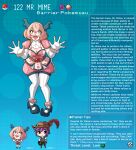  breasts chibi cleavage clothed clothing duo female generation_1_pokemon gloves hair handwear hi_res horn horned_humanoid human humanoid kinkymation male mammal mr._mime nintendo not_furry pink_hair pokemon pokemon_(species) pokemorph text 