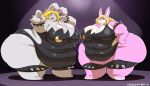  2016 anthro armband belly big_belly black_clothing blonde_hair bracelet clothing duo female fur gesture grey_body grey_fur hair hands_on_hips huge_thighs hyper hyper_belly hyper_hips hyper_thighs jessica_(cheesecaker) jewelry kazecat lagomorph leporid looking_at_viewer luna_(kazecat) mammal morbidly_obese obese overweight pink_body pink_fur pointing pointing_at_viewer rabbit spiked_armband spiked_bracelet spiked_knee_pads spikes thick_thighs white_body white_fur wrestling_singlet 