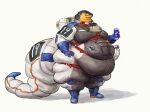  2021 anthro astronaut belly beverage_can big_belly big_tail boots cettus clothing fat_rolls footwear gloves handwear harness hi_res male moobs morbidly_obese morbidly_obese_anthro morbidly_obese_male obese obese_anthro obese_male orange_body orange_skin overweight overweight_anthro overweight_male reptile scalie simple_background snake solo spacesuit standing tight_clothing white_background 