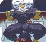  accipitrid accipitriform anthro avian bald_eagle balls barbell beak big_pecs big_penis bird black_body black_feathers blue_eyes bodily_fluids eagle exercise feathered_wings feathers genital_fluids genitals hi_res humanoid_genitalia humanoid_penis male nipples nude pecs penis precum scuted_arms scutes sea_eagle solo sweat tail_feathers thefastza weightlifting wings workout 