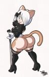  2022 alternate_species anthro big_butt blep butt clothing cosplay domestic_cat felid feline felis female hi_res holding_object holding_sword holding_weapon huge_butt legwear lipstick looking_at_viewer looking_back looking_back_at_viewer makeup mammal maple_pericrest melee_weapon nier_automata simple_background solo sword tansau thigh_highs tongue tongue_out weapon white_background yorha_2b 