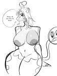  3:4 anthro areola big_areola big_breasts big_nipples breasts comic curvy_figure dialogue digital_media_(artwork) english_text female fur generation_2_pokemon genitals girafarig giraffid hair horn huge_breasts humanoid_genitalia jammedvhs kala_(jammedvhs) living_tail long_hair looking_at_viewer mammal monochrome navel nintendo nipples nude pokemon pokemon_(species) pussy shy simple_background sitting sketch solo speech_bubble tail_head tail_mouth taller_female text thick_thighs unusual_anatomy unusual_tail voluptuous white_background wide_hips 