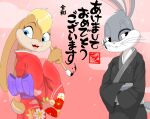  anthro asian_clothing blonde_hair blue_eyes bodily_fluids brush buckteeth bugs_bunny canon_couple chinese_zodiac clothed clothing duo east_asian_clothing female fundoshi fur hair hi_res holidays japan japanese japanese_clothing japanese_text kimono lagomorph leporid lola_bunny looking_at_viewer looney_tunes male male/female mammal new_year new_year_2023 paintbrush rabbit space_jam sweat teeth text underwear warner_brothers year_of_the_rabbit zebra10045 