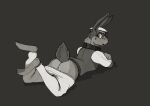  anthro bottomwear bottomwear_down butt clothed clothing digital_media_(artwork) digitigrade female garbagegarage hat headgear headwear hi_res lagomorph leporid looking_back lying mammal monochrome on_front pants pants_down partially_clothed rabbit simple_background solo 
