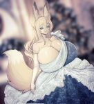  animal_humanoid big_breasts blonde_hair blue_clothing blue_dress blue_eyes breasts cakecatboy canid canid_humanoid canine canine_humanoid cleavage clothed clothing dress female fox_humanoid hair hi_res huge_breasts humanoid hyper hyper_breasts mammal mammal_humanoid smile solo 