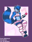  anthro bottomwear bra chastity_bulge chastity_cage chastity_device clothing collar edgydogsoftlynx hands_on_hips hi_res legwear male mammal paws procyonid raccoon raised_paw sex_toy skirt solo solo_focus sports_bra stockings thigh_highs underwear vibrator waffles_the_raccoon wand_vibrator 