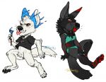  2018 anthro black_body black_claws black_fur black_nose black_pawpads blep bottomless brush canid cheek_tuft chibi claws closed_smile clothed clothing crotch_tuft dated duo elbow_tuft facial_tuft fangs featureless_crotch female finger_claws fur glistening glistening_eyes gradient_fur grey_body grey_clothing grey_fur grey_shirt grey_t-shirt grey_topwear holding_brush holding_object looking_up male mammal markings mouth_closed orange_eyes paint pawpads red_markings red_tongue riorix shirt signature simple_background t-shirt teeth three-quarter_view tongue tongue_out topwear tuft white_background white_body white_fur 
