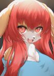  2022 anthro big_breasts breasts bust_portrait canid canine canis chest_tuft cleavage clothed clothing countershading cute_fangs digital_media_(artwork) domestic_dog female female_anthro floppy_ears fluffy fur hair hi_res horokusa0519 kemono long_hair looking_at_viewer mammal multicolored_body multicolored_fur off_shoulder open_mouth portrait red_eyes red_hair solo tan_body tan_fur tongue tuft two_tone_body two_tone_fur white_body white_fur yandere 