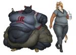  2021 anthro belly big_belly black_body black_fur blonde_hair bottomwear cettus clothed clothing container cougar cup deep_navel disposable_cup domestic_cat duo fat_rolls felid feline felis female footwear front_view fur hair holding_object holding_phone mammal morbidly_obese morbidly_obese_anthro morbidly_obese_female navel obese obese_anthro obese_female overweight overweight_anthro overweight_female pants phone sarka_svobodova shirt shoes simple_background size_difference standing topwear vest walking white_background 