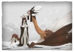  anthro biped black_nose claws clothed clothing colored dragon duo ears_up female feral fur grahn hair horn humanoid_hands inner_ear_fluff kinlek light lighting lingrimm long_hair long_neck long_tail looking_at_another lying mammal mountain nature nature_background paws ruruka sahash signature snow snowing standing tail_tuft tuft yellow_eyes 