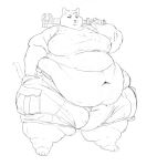  2022 anthro belly big_belly bottomwear cettus clothing deep_navel domestic_cat fat_rolls felid feline felis female hi_res holding_object mammal monochrome morbidly_obese morbidly_obese_anthro morbidly_obese_female navel obese obese_anthro obese_female overweight overweight_anthro overweight_female pants sarka_svobodova shirt sketch solo standing tools topwear wrench 