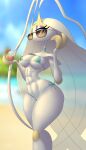  2023 abs antennae_(anatomy) anthro areola arthropod beauty_mark beverage bikini blattodea blue_eyes blurred_background breasts clothed clothing eyelashes eyeshadow eyewear female generation_7_pokemon hair heterochromia hi_res holding_object insect lips long_hair makeup micro_bikini nintendo pheromosa pokemon pokemon_(species) purple_eyes purple_eyeshadow side-tie_bikini skimpy solo sunglasses swimwear translucent translucent_hair ultra_beast venela white_body white_hair white_skin yellow_areola yellow_body yellow_lips yellow_skin 