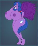  4_fingers accessory anthro areola axelferdinan beholdervee big_breasts blue_hair blue_tail bow_ribbon breasts cutie_mark digital_media_(artwork) ear_tuft equid equine eyelashes fan_character feathered_wings feathers female fingers green_eyes hair hair_accessory hair_bow hair_ribbon hasbro hi_res hooves huge_breasts hyper hyper_breasts looking_at_viewer mammal my_little_pony nipples pegasus purple_areola purple_body purple_feathers purple_nipples ribbons sharp_teeth smile solo standing tail teeth tuft wings 