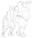  2022 anthro arm_around_shoulder belly belt boots bottomwear breath cettus clothing denim denim_clothing domestic_cat duo eating felid feline felis female food footwear hi_res holding_food holding_object hot_dog jeans mammal maren_sommer mustelid musteline open_mouth overweight overweight_anthro overweight_female panting pants punk shirt shoes sketch stoat studded_belt tank_top topwear true_musteline walking weasel 