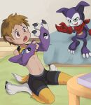  absurd_res anthro bandai_namco bed bodily_fluids bulge claws clothing detailed_bulge digimon digimon_(species) duo ear_growth finger_claws fur fur_growth furniture growth hi_res huka human human_to_anthro impmon looking_at_another looking_at_self male mammal mid_transformation navel on_bed renamon shaded sitting sitting_on_bed species_transformation sweat table tail_growth toe_claws transformation underwear white_body white_fur yellow_body yellow_fur yin_yang 