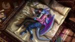  2023 anthro bed biped black_bottomwear black_clothing black_pants blue_body blue_bottomwear blue_clothing blue_pants blue_scales blue_topwear blue_vest book bottomwear claws clothing cuddling digital_media_(artwork) dragon duo eyes_closed female finger_claws furniture hi_res horn human implied_transformation inside lying male mammal membrane_(anatomy) membranous_wings on_bed on_side pants pink_membrane red-izak scales scalie scroll shirt sleeping smile smonia spooning topwear torn_clothing uther_(red-izak) vest western_dragon white_clothing white_shirt white_topwear wings 
