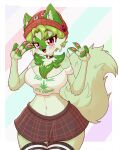  2022 absurd_res anthro anthrofied beanie blush bottomwear clothing crop_top curvy_figure digital_drawing_(artwork) digital_media_(artwork) double_v_sign english_text eyebrows female fluffy fluffy_tail fur generation_9_pokemon gesture green_body green_fur green_hair green_tail hair hat headgear headwear hi_res hipster hourglass_figure inner_ear_fluff jasminthemanticore lidded_eyes midriff navel neck_tuft nintendo open_mouth open_smile pattern_bottomwear pattern_clothing pattern_skirt pink_nose pins plaid plaid_bottomwear plaid_clothing plaid_skirt pokemon pokemon_(species) portrait print_clothing red_beanie shirt skirt smile solo sprigatito text three-quarter_portrait topwear tuft v_sign 