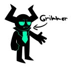 4_fingers arrow_sign black_body clothed clothing demon digital_media_(artwork) english_text fangs fingers golde green_eyes green_necktie grimmer_(golde) horn male necktie on_ground sharp_teeth simple_background solo suit teeth text white_background 