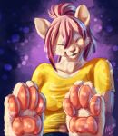  anthro arven92_(artist) felid feline female hair hi_res hindpaw mammal pawpads paws pink_hair pink_pawpads showing_paws solo vicky_bratton white_feet 
