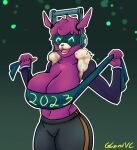  2022 alpaca anthro big_breasts big_butt bottomwear breasts butt camelid cleavage clothed clothing dj_bop english_text epic_games female fortnite glazedvc glowing glowing_eyes hair headphones hi_res huge_breasts human humanoid jacket mammal pants phone pink_body purple_body purple_hair shirt solo sound_effects text thick_thighs topwear visor 