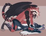  2023 accipitrid accipitriform andromorph anthro avian bearded_vulture big_dom_small_sub bird corvid dominant duo felid female flirting_look gryfawern gryphon hi_res imminent_sex intersex intersex/male jykinturah_(character) magpie_(corvid) male male/female mammal mythological_avian mythology old_world_vulture oscine pantherine passerine pinned_to_floor size_difference strayserval vulture 