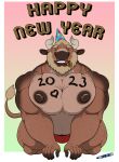  1ceberg absurd_res all_fours anthro big_pecs body_hair bovid bovine bulge cattle clothed clothing front_view hat headgear headwear hi_res holidays kneeling male mammal mostly_nude muscular muscular_male new_year nipples partially_clothed party party_hat party_horn pec_squeeze pecs solo tom_(1ceberg) underwear 