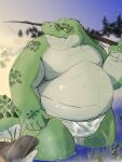  2023 anthro asian_clothing belly big_belly clothing crocodile crocodilian crocodylid detailed_background east_asian_clothing fishing_rod fundoshi green_body hi_res humanoid_hands idwaw0074 japanese_clothing kemono male moobs outside overweight overweight_male reptile scalie solo underwear water white_clothing white_fundoshi white_underwear 